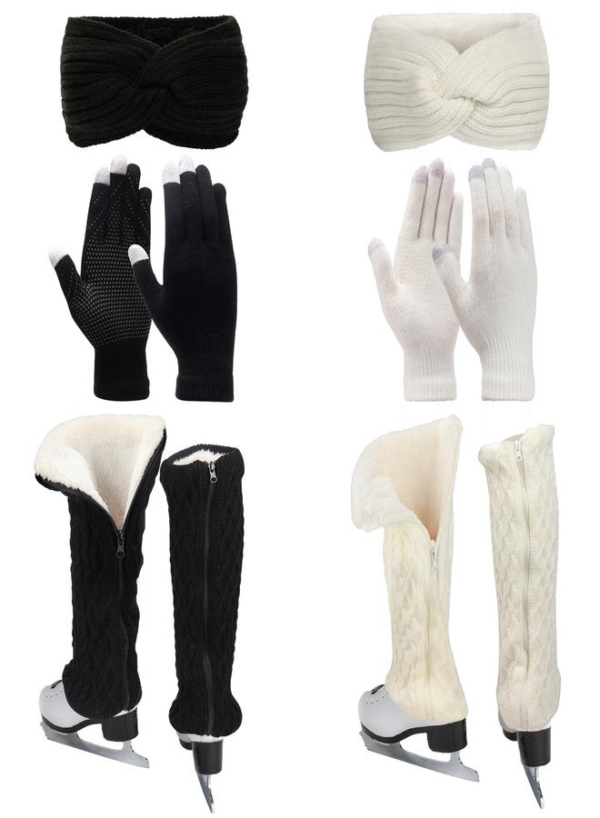Regilt 2 Sets Figure Skating Leg Warmers Gloves Headband Set Zipper Fleece Lined Leg Warmers Socks for Ice Skating (Black&White-Long) - Image 1
